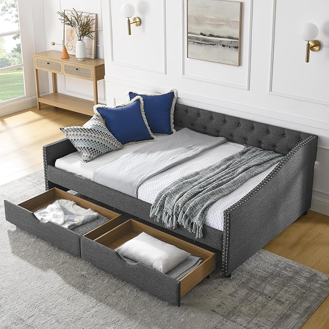 Full Size Daybed with Two Storage Drawers, Linen Upholstered Tufted Sofa Bed w/Button on Back and Copper Nail on Waved Shape Arms, for Bedroom Living Room, No Box Spring Needed, Dark Grey - LeafyLoom