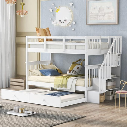 Twin Over Twin Bunk Bed with Stairs Storage and Trundle, Stairway Wooden 3 Bedframes in 1 with Safety Guardrails, for Kids Teens Adult Bedroom, White - LeafyLoom