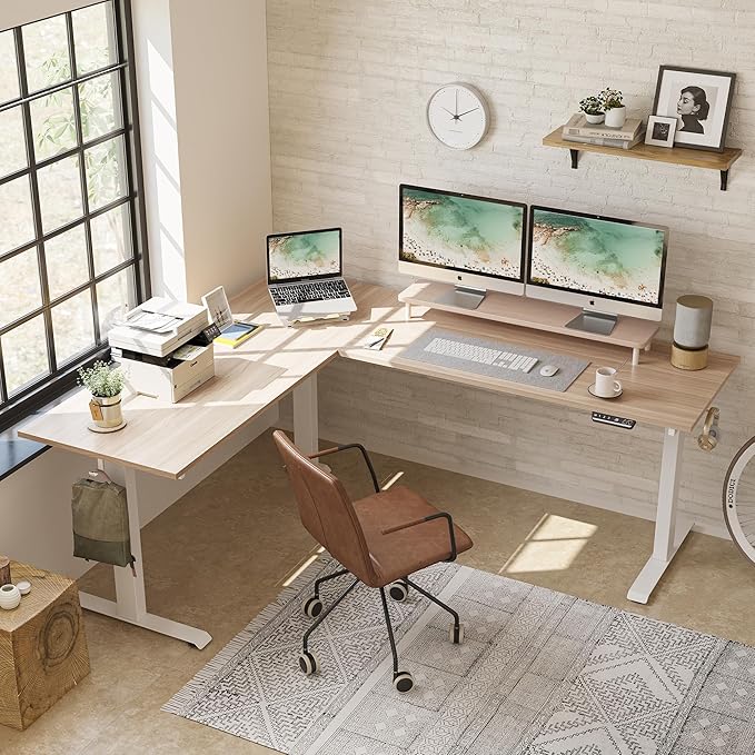 FEZIBO 75 Inches Triple Motor L Shaped Standing Desk Reversible, Electric Height Adjustable Corner Stand up Desk, Sit Stand Desk Computer Workstation, White Frame/Light Walnut Top - LeafyLoom