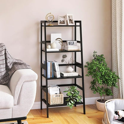 Black Bookshelf, 4-Tier Ladder Shelf, Freestanding Leaning Bookcase with Bamboo Shelves, Space Saving Flower Plant Stand for Small Space - LeafyLoom