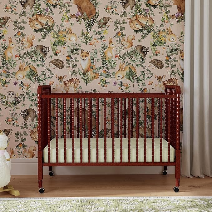 DaVinci Jenny Lind 3-in-1 Convertible Crib in Rich Cherry, Removable Wheels, Greenguard Gold Certified - LeafyLoom