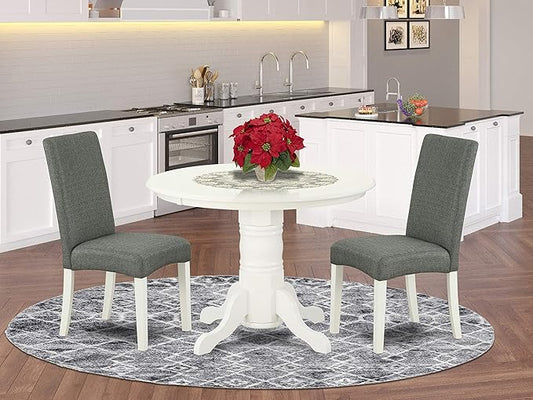 East West Furniture SHDR3-LWH-07 3 Piece Set for Small Spaces Contains a Round Kitchen Table with Pedestal and 2 Gray Linen Fabric Parson Dining Chairs, 42x42 Inch - LeafyLoom