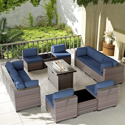 Kullavik 13 Pieces Outdoor Patio Furniture Set with 43" 55000BTU Gas Propane Fire Pit Table PE Wicker Rattan Sectional Sofa Patio Conversation Sets,Navy Blue - LeafyLoom