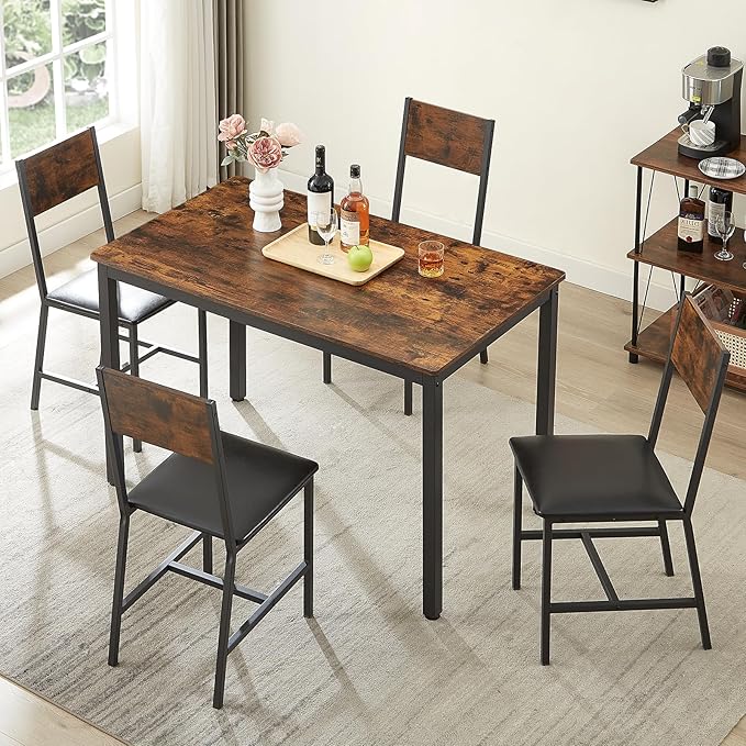 4 Chairs Dining Table Set for 4-8, Modern Space Saving Kitchen Desk, Wooden Industrial Style Farmhouse, 47", Leather Black Brown - LeafyLoom