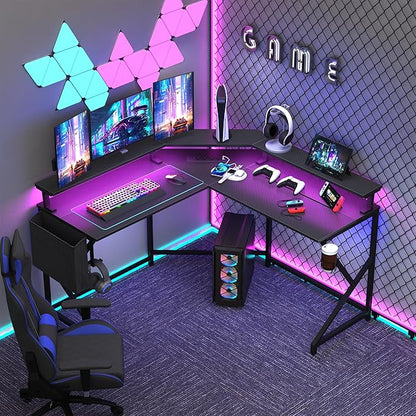 Wonder Comfort L Shaped 51 Inch Computer Desk with LED Lights，Corner Gaming Table Cup Holder Power Outlets/Monitor Stand for Home Office, Black - LeafyLoom