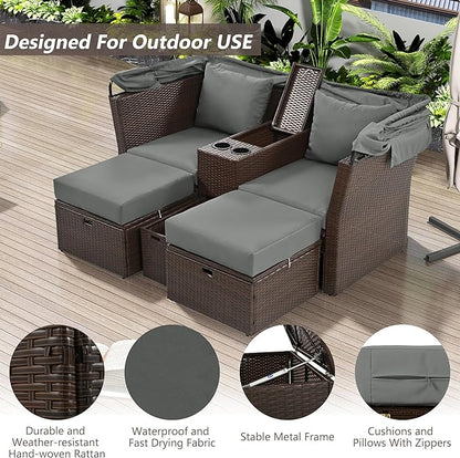 2-Seater Outdoor Patio Convertible Sunbed, All Weather Rattan Double Daybed Couch Foldable Awning, Cushions and Storage Boxes, Loveseat Sofa Set for Garden, Poolside, Balcony, Ab-Aa-Grey - LeafyLoom