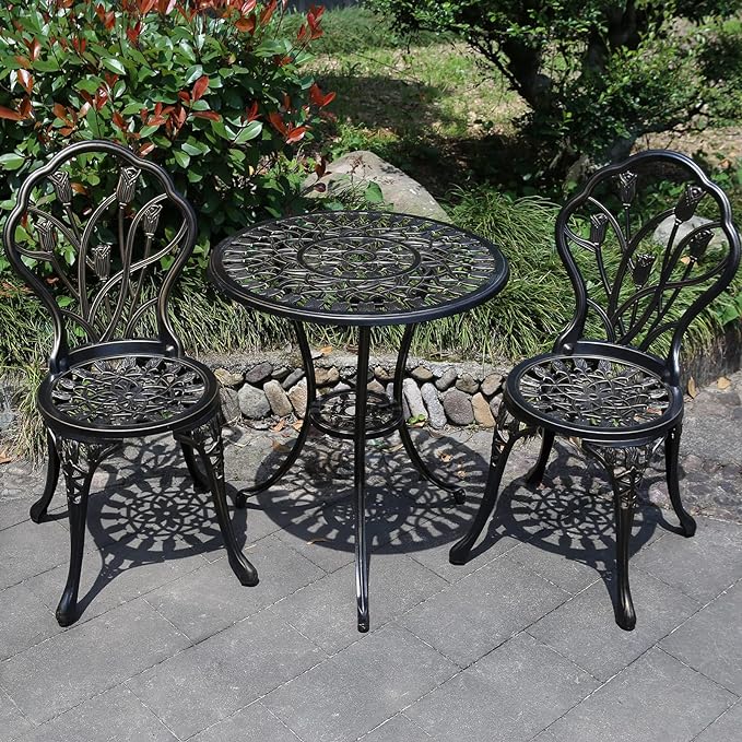 Patio Bistro Set.Rust-Resistant Cast Aluminum Bistro Table Set with Umbrella Hole for Backyard (Tulip Copper) - LeafyLoom