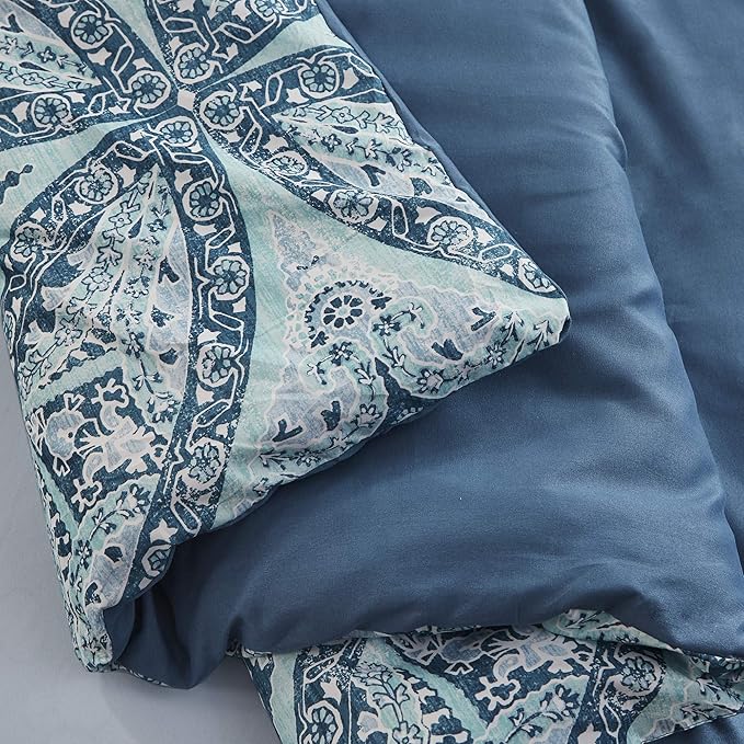 Comfort Spaces Bed in A Bag - Trendy Casual Design Cozy Comforter with Complete Sheet Set with Side Pocket, All Season Cover, Matching Shams, King(104"x90"), Gloria, Damask Blue 9 Piece - LeafyLoom