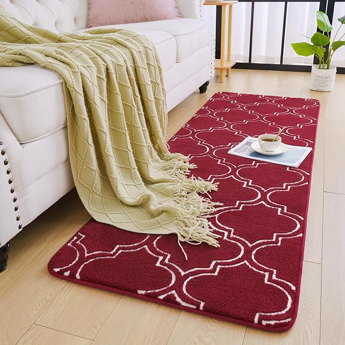 Chicrug Shag Geometric Modern Runner Rug for Bedroom, 2x6 Feet Memory Foam Indoor Hallway Runner Carpet, Fluffy Rug for Living Room Bedside Room Decor for Family, Wine Red/White - LeafyLoom