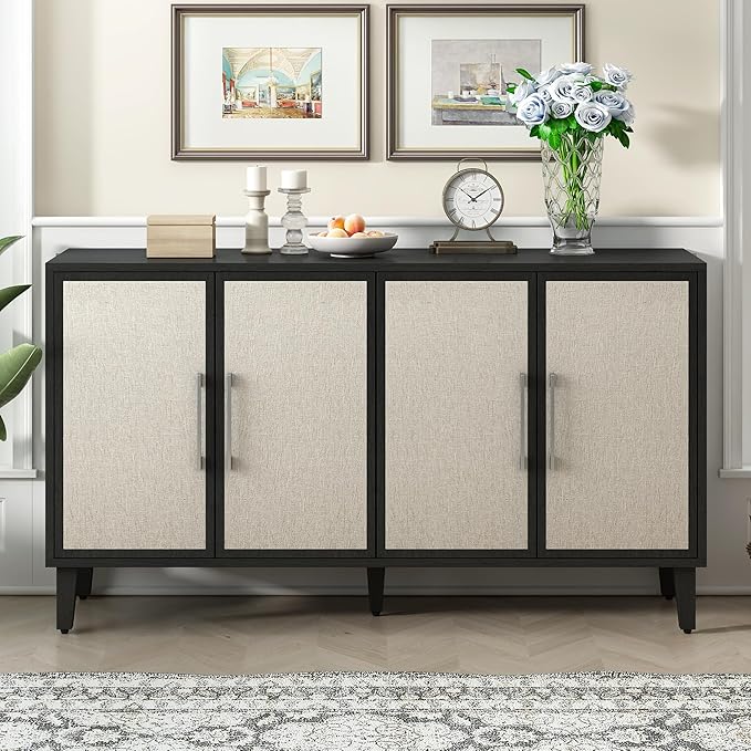 Merax Sideboard Buffet Cabinet with Storage, 4 Linen Door Cupboard w/Adjustable Shelves, Wood Console Table for Entrance, Study or Living Room, Beige - LeafyLoom