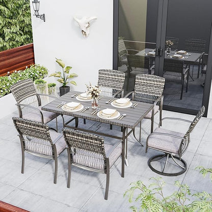 Pamapic 7 Piece Patio Dining Set for 6,Wicker Outdoor Furniture Set for Backyard Garden Deck Poolside with Iron Slats Table Top,4 Dining Chairs and 2 Swivel Rockers,Removable Cushions(Gray) - LeafyLoom