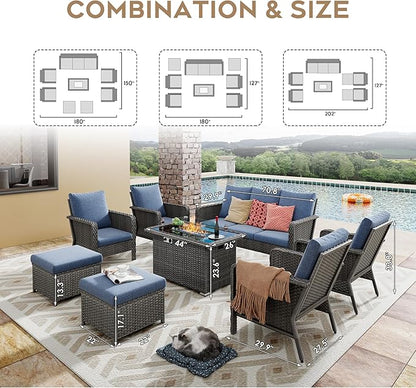 Yechen Patio Conversation Set 9 Seats with 44" Propane Gas Fire Pit Table - 8 Pcs Outdoor Wicker Furniture Set with Lid & Wind Shields - Sectional Sofa Set for Porch,Backyard - LeafyLoom