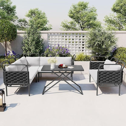 5-Piece Outdoor Patio Sectional L-shaped Sofa Set, Woven Rope Conversation Furniture with Loveseat, Corner Couch, Glass Coffee Table and Removable Cushions, Onesize, Black+Gray - LeafyLoom