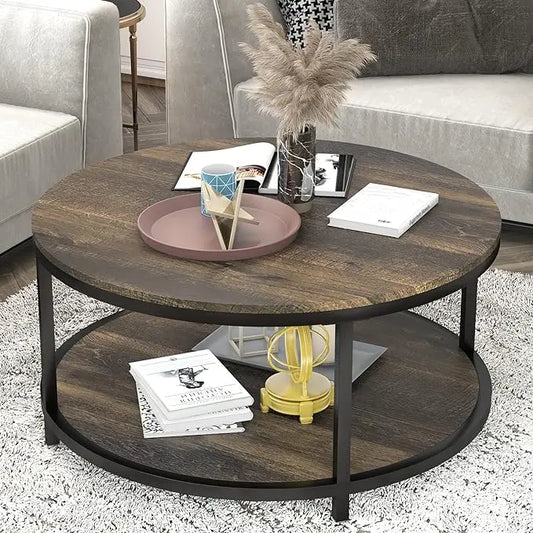 NSdirect 36 inches Round Coffee Table, Rustic Wooden Surface Top & Sturdy Metal Legs Industrial Sofa Table for Living Room Modern Design Home Furniture with Storage Open Shelf(Rustic Brown) - LeafyLoom