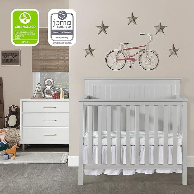 Ava 4-in-1 Convertible Mini Crib in Pebble Grey, 635-PG, Greenguard Gold Certified, Non-Toxic Finish, Comes with 1" Mattress Pad, with 3 Mattress Height Settings - LeafyLoom