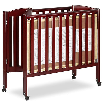 Dream On Me 3 in 1 Portable Folding Stationary Side Crib in Cherry, Greenguard Gold Certified, Safety Wheel with Locking Casters, Convertible, 3 Mattress Heights - LeafyLoom