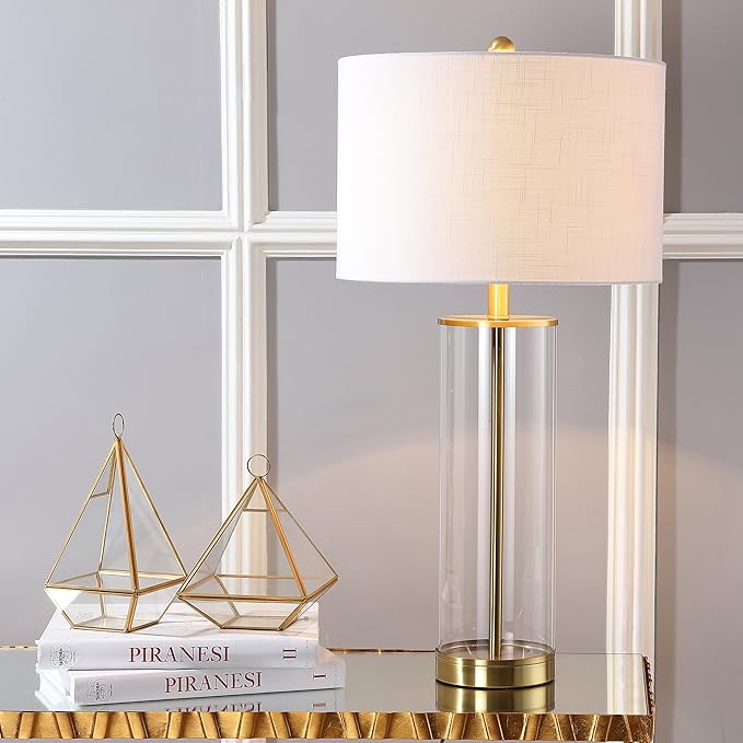 JONATHAN Y JYL2005A Collins 29" Glass LED Table Lamp Modern Contemporary Glam Bedside Desk Nightstand Lamp for Bedroom Living Room Office College Bookcase LED Bulb Included, Clear/Brass Gold - LeafyLoom