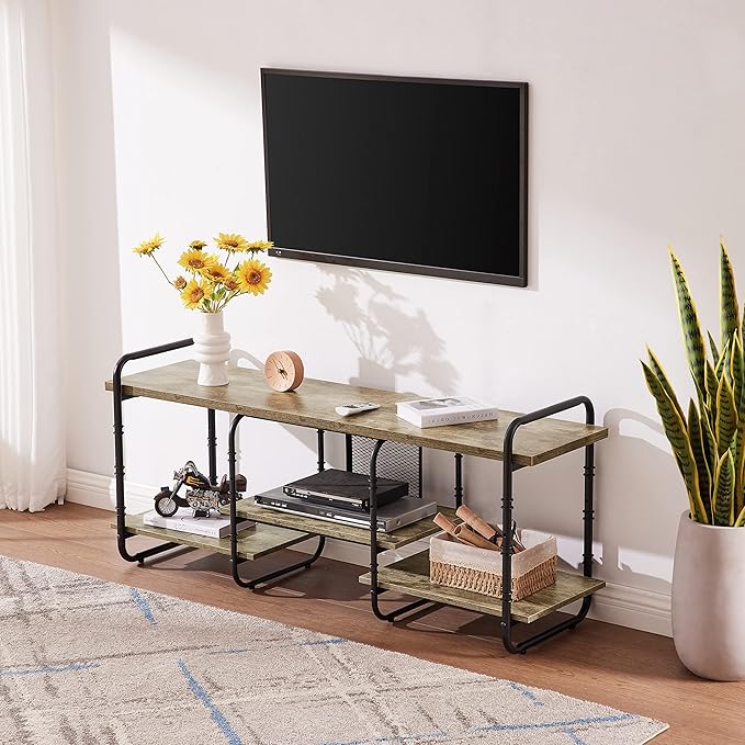 VECELO, Entertainment Center/Media Console Table with Adjustable Storage Shelves for Living Room/Bedroom, 55 inch TV Stand, Grey - LeafyLoom