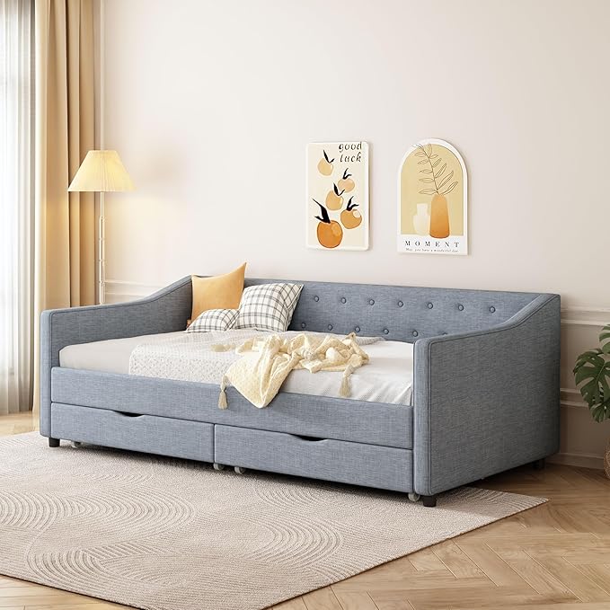 Twin Size Daybed with 2 Drawers, Upholstered Tufted Sofa Bed with Button on Back and Piping on Waved Shape Arms for Bedroom, Apartment, Living Room, Wooden Slats Support, Light Grey - LeafyLoom