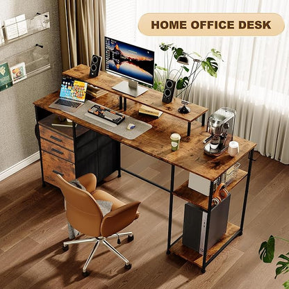 Computer Desk with 3 File Cabinet Drawers, 57.8'' Reversible Gaming Desk, Office Desk with Storage Shelves and Dual Monitor Stand for Home & Office (Rustic Brown) - LeafyLoom