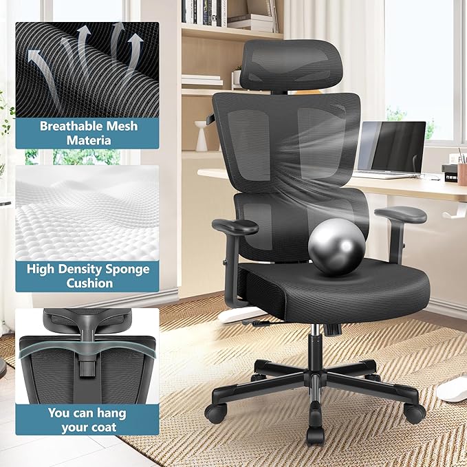 Primy Office Chair Ergonomic Desk Chair, High Back Computer Gaming Chair, Comfy Big and Tall Home Office Chair with Lumbar Support, Breathable Mesh Reclining Chair Adjustable Armrests Headrest(Black) - LeafyLoom