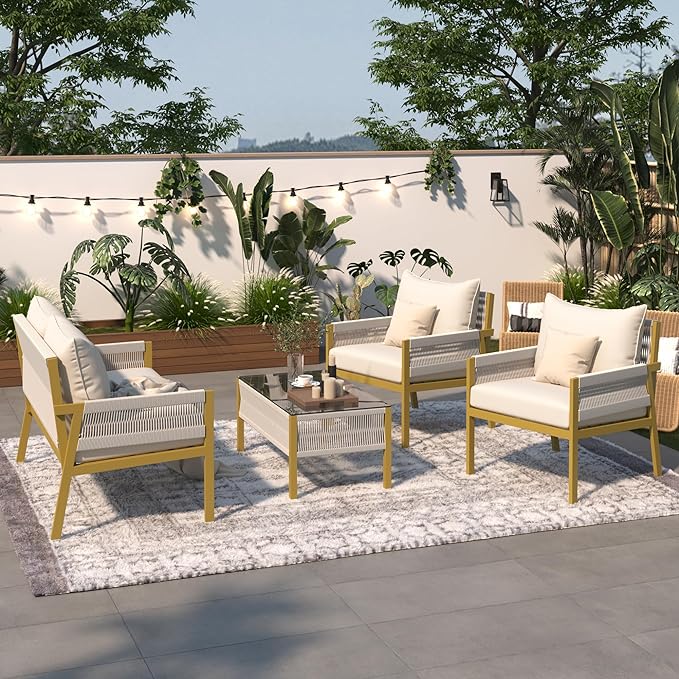 4-Piece Patio Conversation Furniture Set, Rope Weave Outdoor Loveseat Sofa with 2 Armchairs, Thick Cushion&Tempered Glass Table, for Garden Backyard, Onesize, Beige+Mustard Yellow - LeafyLoom