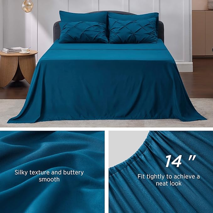 Bedsure California King Comforter Set - Cal King Bed Set 7 Pieces, Pinch Pleat Teal Blue Cali King Bedding Set with Comforter, Sheets, Pillowcases & Shams - LeafyLoom