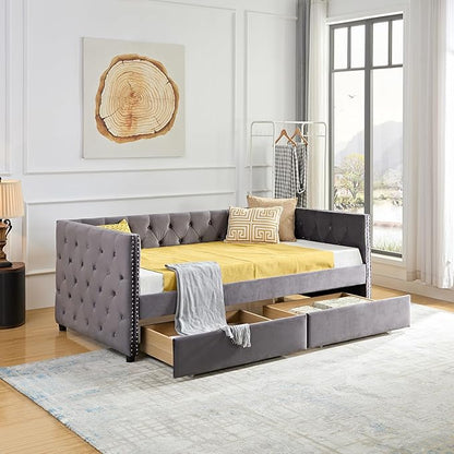 Twin Size Velvet Upholstered Daybed with Two Storage Drawers, Solid Wood Sofa Bed w/Button Tufted Backrest, for Living Room, Bedroom, Dorm, No Box Spring Needed, Grey - LeafyLoom