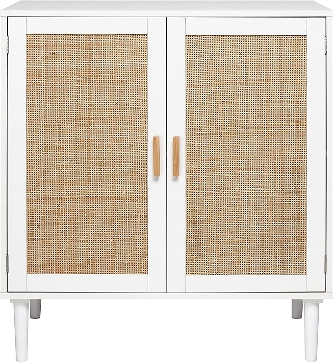 Finnhomy Sideboard Buffet Storage Liquor Cabinet with Rattan Decorated Doors, Kitchen, Dining Room, Hallway, Cupboard Console Table, Accent Cabinet, 31.5X 15.8X 34.6 Inches, White - LeafyLoom