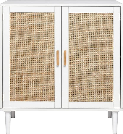 Finnhomy Sideboard Buffet Storage Liquor Cabinet with Rattan Decorated Doors, Kitchen, Dining Room, Hallway, Cupboard Console Table, Accent Cabinet, 31.5X 15.8X 34.6 Inches, White - LeafyLoom