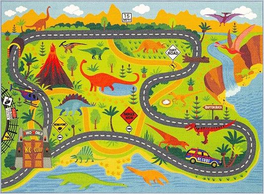 KC Cubs Playtime Collection Dinosaur Dino Safari Road Map Educational Learning & Game Area Rug Carpet for Kids and Children Bedrooms and Playroom (3'3" x 4'7") - LeafyLoom