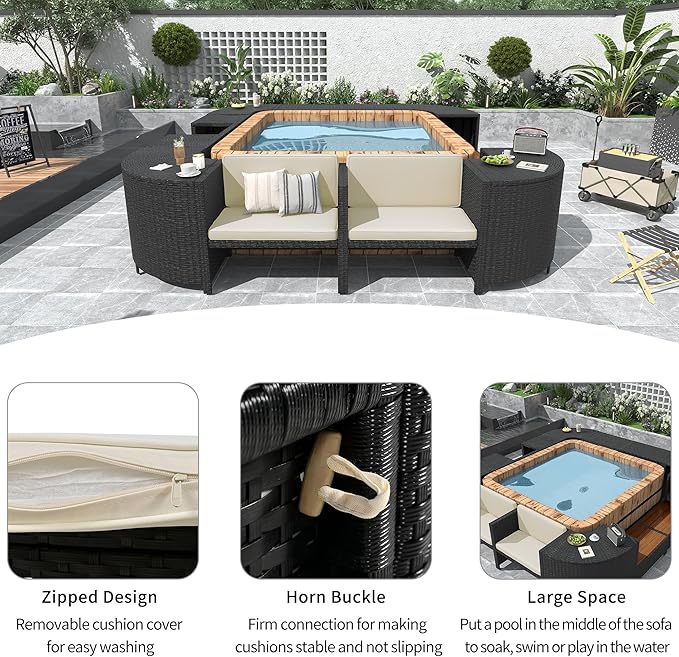 Outdoor Spa Surround Set Patio Furniture with Storage Space, Wood Seatings and Waterproof Cushions, Quadrilateral Rattan Sectional Sofa, for Backyard Deck Poolside, Onesize, Beige - LeafyLoom