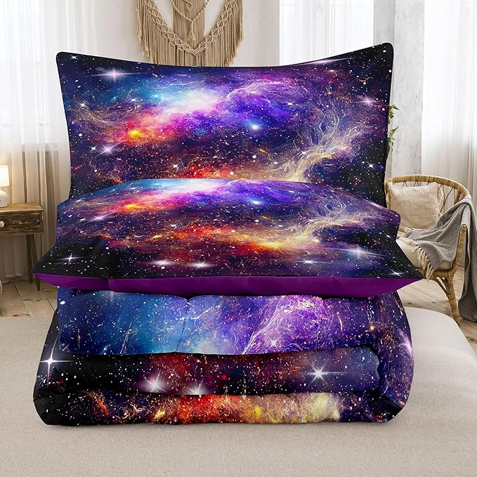 Tailor Shop Galaxy Comforter Space Kids Bedding Set Full Size, Purple Comforter for Girls with 2 Pillowcase - LeafyLoom