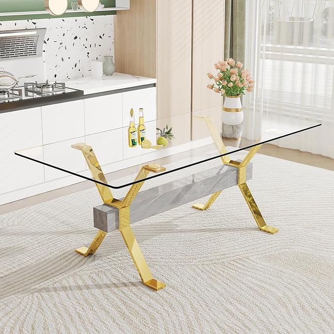 Rectangular Table with Tempered Glass Tabletop,Modern Dinner Desk W/Metal Tubular Legs, Home,Kitchen,Dining Room,Office,Gold, 79" Marble Color Crossbars - LeafyLoom