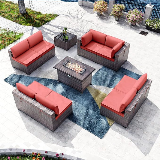 Kullavik 10 Pieces Outdoor Patio Furniture Set with 43" Gas Propane Fire Pit Table PE Wicker Rattan Sectional Sofa Patio Conversation Sets,Red - LeafyLoom