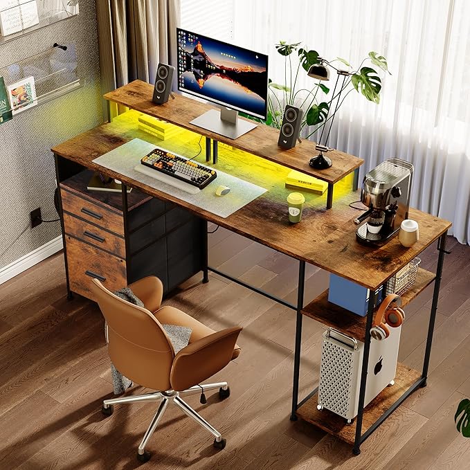 Computer Desk with 3 File Cabinet Drawers, 57.8'' Reversible Gaming Desk with LED Lights and Power Outlets, Office Desk with Storage Shelves for Home & Office (Rustic Brown) - LeafyLoom