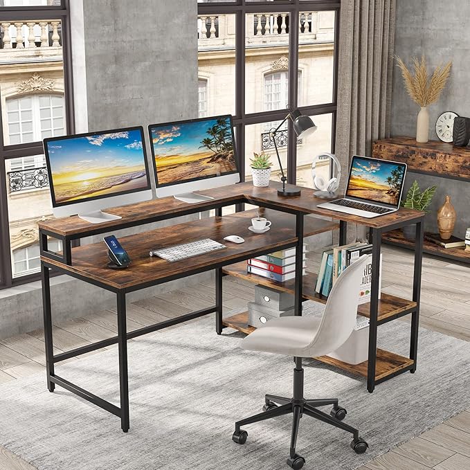 Reversible L Shaped Computer Desk with Storage Shelf, Industrial Corner Desk with Monitor Stand for Home Office - LeafyLoom