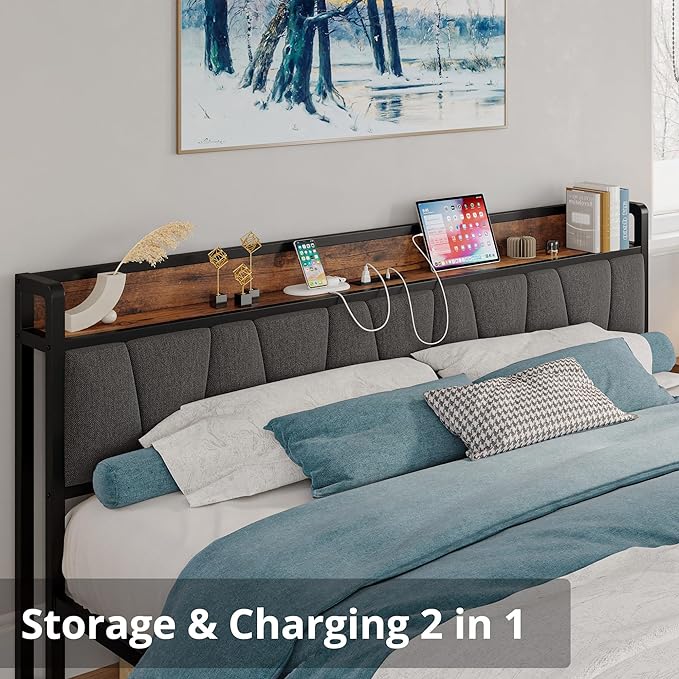 LIKIMIO California King Bed Frames, Storage Headboard with Charging Station, Solid and Stable, Noise Free, No Box Spring Needed, Easy Assembly - LeafyLoom