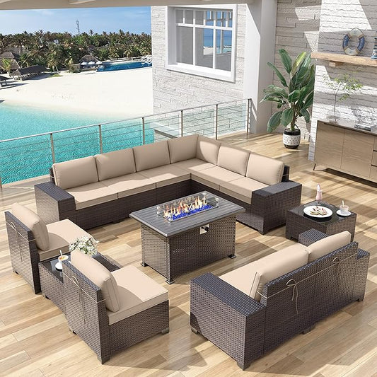 Patio Furniture Sectional Sofa Set 13-Pieces PE Rattan Patio Conversation Set w/43in Gas Fire Pit Table, Outdoor Furniture with 55000 BTU Propane Fire Pit, Sand - LeafyLoom