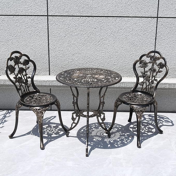 KAILI Outdoor Furniture Bistro Set with Rose Pattern 1 Table 2 Chairs for Garden Patio Porch (Rose-Bronzed) - LeafyLoom