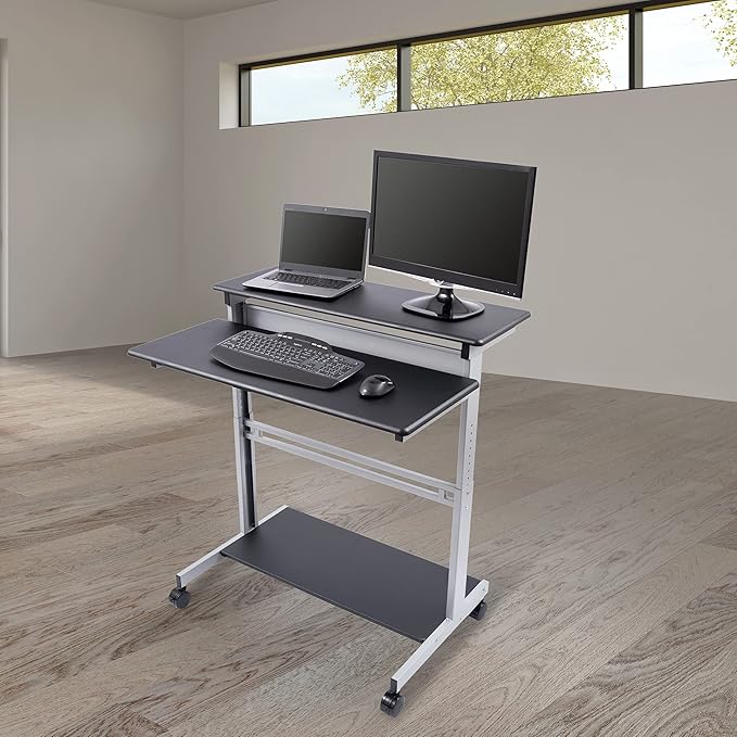 Stand Up Desk Store Rolling Adjustable Height Two Tier Standing Desk Computer Workstation (Silver Frame/Black Top, 40" Wide) - LeafyLoom