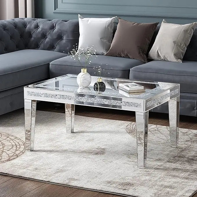 Silver Coffee Table with Crystals Inlay, 35 inches Modern Contemporary Accent Side or Coffee Table for Living Room with Mirrored Finished - LeafyLoom