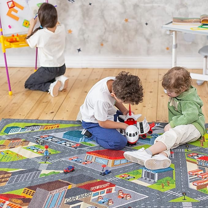 KC CUBS Road Play Map City Car Vehicle Traffic Educational Learning & Fun Game Area Non Slip Boy & Girl Kids Rug Carpet for Children Bedroom, Toddler Classroom & Baby Playroom Mat, Playtime Activity - LeafyLoom