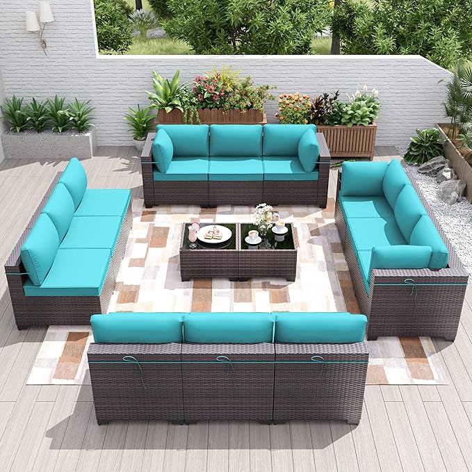 Patio Furniture Set 14-Pieces Outdoor Furniture for Backyard Wicker Sectional Sofa Set, Rattan Patio Conversation Set with Thickened Cushions and Glass Coffee Table, Blue - LeafyLoom