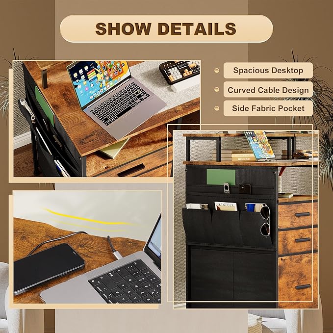 Computer Desk with 3 File Cabinet Drawers, 57.8'' Reversible Gaming Desk, Office Desk with Storage Shelves and Dual Monitor Stand for Home & Office (Rustic Brown) - LeafyLoom