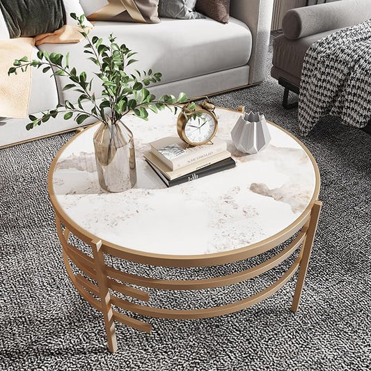 Round Coffee Table Coffee Tables for Living Room Sintered Stone Marble Top Sturdy Metal Frame (Golden, 31.50 inches) - LeafyLoom