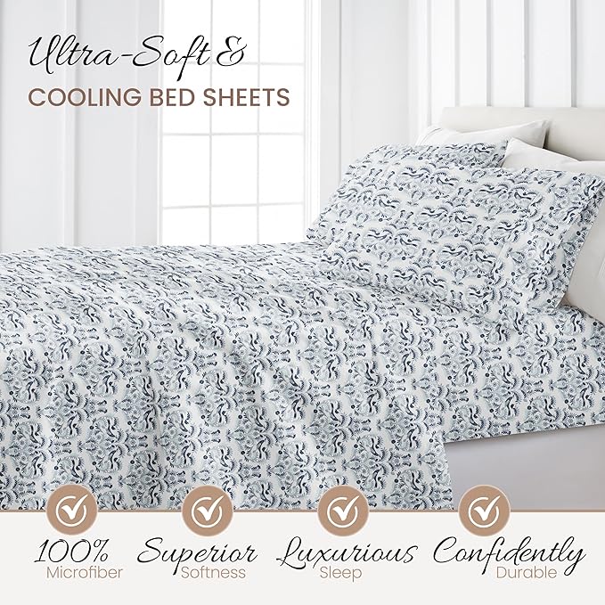 Linen Market 4 Piece Queen Bedding Sheet Set (Navy Blue Floral) - Sleep Better Than Ever with These Ultra-Soft & Cooling Bed Sheets for Your Queen Size Bed - Deep Pocket Fits 16" Mattress - LeafyLoom