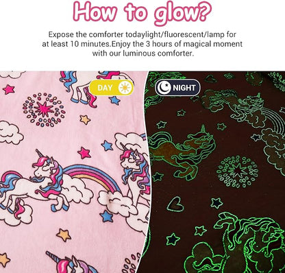 Mooreeke Glow in The Dark Full Plush Fleece Comforter Bed Set, Soft & Warm 3 Piece Bed in A Bag with Sham, Velour Velvet Pink Unicorn Girls Kids Bedding Set, Fluffy Fuzzy Polar Cozy and Stylish - LeafyLoom