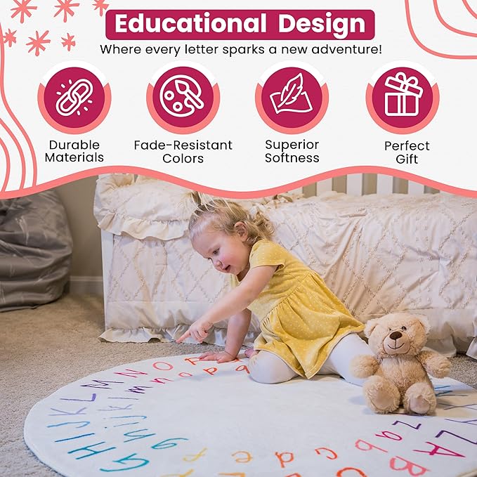 ABC Rug for Kids Room - 40 inch Round Alphabet Rug - ABC Classroom Rug for Kids Learning - Round Rug for Kids Room Decor - ABC Rugs for Kids Playroom - Round Nursery Rug - ABC Mats for Floor Toddlers - LeafyLoom