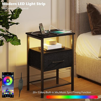 Night Stand Set 2, End Table with Charging Station, LED Bedside Table with Fabric Drawer for Bedroom, 3-Tier Side Table with Open Shelf, Black - LeafyLoom